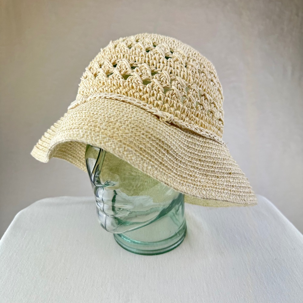 Bucket Hat Womens OS Cream‎ Sun Hat Woven Straw Crochet 1208